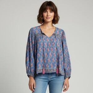 BELL by Alicia Bell Silk Blend Block Print Split Neck Tassel Floral Top Size S